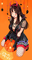  :p black_dress black_gloves breasts brown_eyes brown_hair cleavage cross-laced_clothes demon_horns dress facial_hair fake_horns female fishnet_pantyhose fishnets full_body gloves hairband halloween horns jack-o&#039;-lantern kneeling lips long_hair looking_at_viewer medium_breasts original pantyhose red_hairband red_horns sasamori_tomoe see-through see-through_sleeves short_dress short_sleeves sitting solo straight_hair tongue tongue_out 