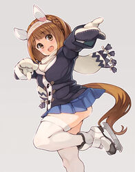  animal_ears black_jacket blue_skirt blush braid brown_eyes brown_hair ear_covers female grey_background hairband horse_ears horse_girl horse_tail ice_skates jacket long_sleeves looking_at_viewer mittens open_mouth pleated_skirt ryoji_(nomura_ryouji) scarf short_hair simple_background skates skirt smile solo standing tail thighhighs umamusume white_scarf white_thighhighs yukino_bijin_(umamusume) zettai_ryouiki 