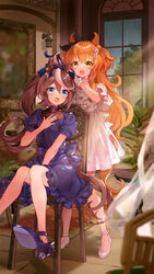  2girls animal_ears between_legs black_ribbon blue_dress blue_eyes blue_footwear blurry blurry_foreground brown_hair chair commentary curtains depth_of_field dress ear_ribbon flower hair_between_eyes hair_flower hair_ornament hand_between_legs high_heels highres horse_ears horse_girl horse_tail indoors long_hair mayano_top_gun_(umamusume) multicolored_hair multiple_girls on_chair orange_hair ponytail puffy_short_sleeves puffy_sleeves ribbon shoe_soles shoes short_sleeves sitting streaked_hair table tail tokai_teio_(umamusume) two_side_up umamusume very_long_hair white_dress white_flower white_footwear white_hair window wrist_cuffs yellow_eyes yoshida_(ne) 