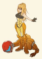  artist_name assault_visor blonde_hair blue_eyes blue_visor breasts brown_gloves female full_body gloves hair_between_eyes helmet highres large_breasts long_hair metroid outstretched_arms oxcoxa ponytail samus_aran simple_background solo standing unworn_armor unworn_headwear unworn_helmet varia_suit white_background zero_suit 