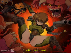  1980s_(style) adapted_costume armor armored_leotard artist_name bluethebone breasts brown_eyes brown_hair cameltoe chainsaw commentary demon doom_(series) doom_eternal doomguy double-barreled_shotgun english_commentary english_text fat_mons female genderswap_(mtf) gun holding holding_chainsaw holding_gun holding_weapon large_breasts leotard medium_hair paid_reward_available patreon_username power_armor praetor_suit retro_artstyle rip_and_tear_(phrase) rule_63 shotgun shoulder_cannon space_marine subtitled weapon 