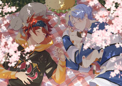  2boys blanket blue_hair blurry blush cherry_blossoms closed_eyes depth_of_field feline hasegawa_langa highres hood hoodie kyan_reki lying male_focus multiple_boys on_back on_side red_hair sk8_the_infinity sleeping smile uppi 