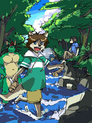  2005 3:4 anthro archived_source asian_clothing asian_mythology bird_dog bottomwear brown_body canid canine canis clothing detailed_background digital_media_(artwork) domestic_dog dragon east_asian_clothing east_asian_mythology eastern_dragon fundoshi green_body group hunting_dog japanese_clothing kemono kyouji_(morenatsu) labrador low_res male mammal morenatsu mythological_creature mythological_scalie mythology oekaki outside pants retriever scalie shirt shun_(morenatsu) sitting tatsuki_(morenatsu) topwear underwear unknown_artist wolf 