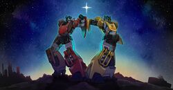  2boys autobot clenched_hand hand_on_own_hip highres insignia mecha multiple_boys open_mouth rai_mugi robot science_fiction sideswipe smile standing star_(sky) sunstreaker transformers transformers:_generation_1 