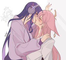  3girls absurdres animal_ears bite_mark bite_mark_on_neck closed_eyes french_kiss genshin_impact hand_on_another&#039;s_shoulder headphones highres kissing lipstick_mark lipstick_mark_on_neck long_hair mole mole_under_eye multiple_girls nail_polish paimon_(genshin_impact) pink_hair purple_hair purple_nails raiden_shogun raiden_shogun_(2nd_anniversary) rudang signature tongue yae_miko yae_miko_(2nd_anniversary) yuri 