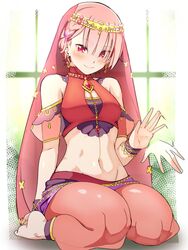  alternate_costume alternate_hairstyle arabian_clothes bare_shoulders barefoot blush braid breasts closed_mouth earrings female harem_outfit high_collar highres jewelry linea_alba looking_at_viewer medium_breasts midriff navel pants pink_hair ram_(re:zero) re:zero_kara_hajimeru_isekai_seikatsu re:zero_kara_hajimeru_isekai_seikatsu:_lost_in_memories red_eyes red_pants red_veil seiza short_hair sitting smile solo thighs veil waving zerobarto 