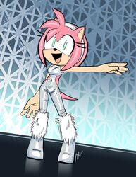  2023 5_fingers absurd_res alternate_costume amy_rose anthro bare_hands biped boots clothing dated eulipotyphlan eyelashes female fingers footwear fur glistening glistening_clothing green_eyes hedgehog hi_res lettuce_(artist) long_eyelashes mammal navel open_mouth open_smile pink_body pink_fur sega signature smile solo sonic_the_hedgehog_(series) standing tail 