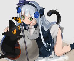  416_day aged_down animal apron black_apron black_cat black_hairband black_socks blush cat_tail chesed_(uporyz) closed_mouth commentary_request dress facial_mark feline female frilled_apron frills girls&#039;_frontline green_eyes grey_background hairband hat highres hk416_(black_kitty&#039;s_gift)_(girls&#039;_frontline) hk416_(girls&#039;_frontline) long_hair long_sleeves mini_hat official_alternate_costume orange_eyes puffy_long_sleeves puffy_sleeves purple_headwear simple_background socks solo tail tilted_headwear very_long_hair white_dress 