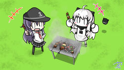  2girls abyssal_ship ahoge akatsuki_(kancolle) anchor_symbol animal_crossing artist_name black_pantyhose blush chibi colored_skin commentary_request cooking drooling grill grilling hair_between_eyes hat holding holding_skewer kantai_collection lawn long_hair long_sleeves multiple_girls northern_ocean_princess nyonyonba_tarou open_mouth outdoors pantyhose purple_hair saliva school_uniform skewer skirt smoke standing striped tongue tongue_out white_skin 