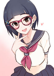  arm_behind_back blue_hair blue_sailor_collar blue_skirt blunt_bangs blush breasts brown_eyes female glasses gradient_background hair_ornament hairclip heart highres idolmaster idolmaster_cinderella_girls kiyu_rei large_breasts looking_at_viewer neckerchief okazaki_yasuha open_mouth pink-framed_eyewear red_neckerchief sailor_collar shirt short_hair short_sleeves skirt smile solo white_shirt 