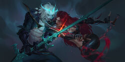  1boy abs absurdres armor belt black_belt black_gloves black_pants breasts cleavage colored_skin dagger dual_wielding duel evil_smile female fingerless_gloves gauntlets gloves green_eyes highres holding holding_dagger holding_knife holding_sword holding_weapon katarina_(league_of_legends) knife large_breasts league_of_legends long_hair looking_at_another midriff navel pale_skin pants pauldrons qi_mang_(qimang) red_hair scar scar_across_eye scar_on_face shoulder_armor smile sword teeth very_long_hair viego_(league_of_legends) weapon white_hair white_skin 