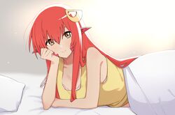  absurdres blush bra breasts commission commissioner_upload female hair_between_eyes hair_ornament highres indoors long_hair looking_at_viewer medium_breasts miia_(monster_musume) monster_musume_no_iru_nichijou non-web_source pillow pink_bra pointy_ears red_eyes red_hair red_scales scales shirt skeb_commission smile solo strap_slip suika_aji under_covers underwear very_long_hair yellow_shirt 