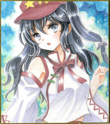  :o bare_shoulders black_eyes black_hair bow bowtie cabbie_hat commentary_request female flat_cap hajike_akira hat headband highres label_girl_(dipp) mandarin_collar medium_hair midriff_peek open_mouth red_bow red_bowtie red_headband red_ribbon red_skirt ribbon shirt side_ponytail skirt solo star_(symbol) touhou traditional_media vest white_shirt white_vest wide_sleeves 