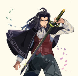  1boy beard black_hair brown_background cape cowboy_shot dunban_(xenoblade) facial_hair glint highres holding holding_sword holding_weapon katana left-handed long_hair male_focus ryu_(17569823) shirt simple_background solo sword vest waistcoat weapon white_shirt xenoblade_chronicles_(series) xenoblade_chronicles_1 