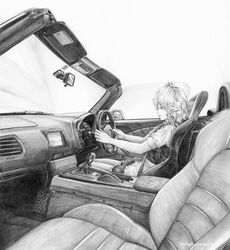  apron braid car car_interior car_seat closed_mouth colored_pencil_(medium) convertible dress driving female from_side graphite_(medium) greyscale highres honda honda_s2000 izayoi_sakuya looking_away maid_headdress monochrome motor_vehicle outstretched_arms profile red_pond right-hand_drive seatbelt short_sleeves side_braid simple_background sitting smile solo sports_car steering_wheel touhou traditional_media vest waist_apron white_background 