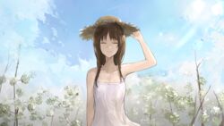  20_days_(chan1moon) bare_arms bare_shoulders breasts brown_hair chan1moon cleavage closed_eyes closed_mouth collarbone commentary_request day dress facing_viewer female field hand_up hat korean_commentary long_hair medium_breasts original outdoors sky sleeveless smile solo standing sundress upper_body white_dress 