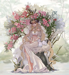  arknights bare_shoulders barefoot bird blonde_hair blue_eyes blunt_bangs breasts cleavage closed_mouth coin_(ornament) dappled_sunlight day detached_collar female flower full_body hair_ornament head_chain highres horns jewelry lake leaf_hair_ornament long_hair long_skirt long_sleeves looking_at_viewer medium_breasts midriff navel nightingale_(arknights) off_shoulder oleander pelt photoshop_(medium) pink_flower plantar_flexion rabbit see-through sitting skirt skirt_set solo stone sunlight tree under_tree veil very_long_hair water white_skirt yktori 