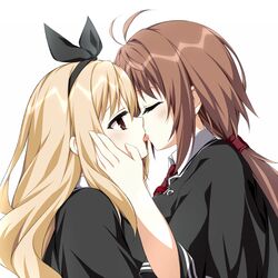  2girls antenna_hair aroused asagi_nanami black_capelet black_ribbon blonde_hair blush breast_press breasts brown_eyes brown_hair capelet close-up closed_eyes commentary_request eyebrows_hidden_by_hair eyelashes french_kiss from_side hair_between_eyes hair_ribbon hand_on_another&#039;s_cheek hand_on_another&#039;s_face highres kissing large_breasts long_hair looking_at_another low_ponytail multiple_girls necktie parted_lips profile red_necktie ribbon saliva school_uniform sidelocks simple_background tsui_no_sora_(remake) wakatsuki_kotomi white_background yokoyama_yasuko yuri 