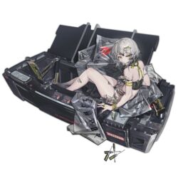  adjustable_wrench ahoge awakening_(neural_cloud) bag barcode bare_shoulders barefoot box caution croque_(neural_cloud) english_text expressionless female full_body game_cg girls&#039;_frontline girls&#039;_frontline_neural_cloud grey_hair hair_ornament hairclip highres in_box in_container jewelry looking_at_viewer looking_back no_pants official_alternate_costume official_art plastic_bag ring russian_text screwdriver short_hair sitting solo strapless tattoo tools transparent_background tube_top wrench yellow_eyes 