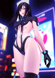  black_bodysuit black_eyes black_gloves black_hair black_thighhighs blurry blurry_background bodysuit breasts commentary doutonbori female gantz gantz_suit glico glico_man gloves highleg highleg_panties holding holding_sword holding_weapon latex latex_bodysuit lips long_hair looking_to_the_side medium_breasts midriff navel osaka_(city) outdoors panties photo-referenced ryohhe shimohira_reika skin_tight solo standing sword thighhighs thighs underboob underwear weapon 