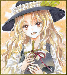  black_hat black_vest blonde_hair breasts collared_shirt commentary_request cross extra female frilled_hat frilled_shirt_collar frills hajike_akira hat hat_feather highres holding holding_cross jacket_girl_(dipp) long_sleeves neck_ribbon red_ribbon ribbon shirt small_breasts solo touhou traditional_media upper_body vest wavy_hair white_shirt yellow_eyes 