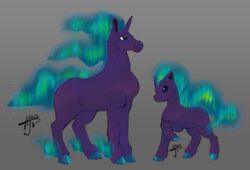  2022 aurora_(phenomenon) beady_eyes black_eyes duo equid equine feral flipside fur generation_1_pokemon green_hair grey_background hair horn horse iridescent iridescent_fur iridescent_hair iridescent_hooves iridescent_mane iridescent_tail mammal mythological_creature mythological_equine mythology nintendo pokemon pokemon_(species) pony ponyta purple_body purple_fur rapidash simple_background smile unicorn 