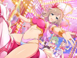  3girls :d ^_^ bad_id bad_twitter_id bandana bikini black_ribbon blonde_hair blush breasts brooch carnival carousel cleavage closed_eyes collarbone dancer feathers fringe_trim frown gem glint gold gold_bracelet green_eyes green_hair hair_ribbon haruka_(senran_kagura) headband heart heart_o-ring heart_ring_bottom hibari_(senran_kagura) highleg highleg_panties highres hikage_(senran_kagura) holding holding_polearm holding_weapon horse jewelry large_breasts looking_at_viewer midriff multiple_girls navel official_art open_mouth outstretched_arm panties pink_bandana pink_hair pink_ribbon pink_stripes pole polearm purple_bikini red_feathers ribbon riding ring saddle samba senran_kagura senran_kagura_new_link short_hair short_twintails sitting sky slit_pupils smile solo_focus sunset swimsuit twintails underwear weapon white_horse yaegashi_nan yellow_eyes 