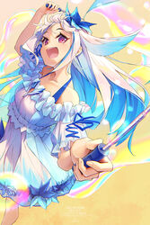  :d blue_hair bubble character_name dated dress female floating_hair flower hair_flower hair_ornament halter_dress halterneck highres holding kuro-kun_(nablack) lize_helesta lize_helesta_(2nd_costume) long_hair looking_at_viewer multicolored_hair nijisanji purple_eyes short_sleeves smile solo two-tone_hair virtual_youtuber white_dress white_hair 