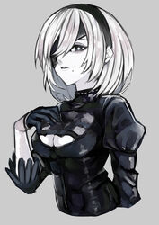  2b_(nier:automata) absurdres black_dress black_eyes black_hairband blindfold breasts bright_pupils cleavage cleavage_cutout clothing_cutout colored_skin cropped_arms cropped_torso dress feather-trimmed_sleeves female gloves grey_background hairband hand_on_own_chest hand_up highres imuzi juliet_sleeves long_sleeves looking_at_viewer medium_breasts mole mole_under_mouth nier:automata nier_(series) parted_lips puffy_sleeves short_hair simple_background solo upper_body white_hair white_pupils white_skin 