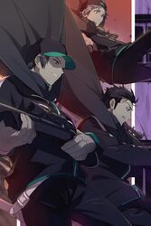  3boys :q arafune_squad&#039;s_uniform arafune_tetsuji baseball_cap belt black_cape black_headwear black_jacket black_pants cape echo_(circa) falling from_side gun hanzaki_yoshito hat hokari_atsushi holding holding_gun holding_weapon jacket jumping long_sleeves looking_down male_focus multiple_boys pants rifle shaded_face short_hair sniper_rifle spiked_hair tongue tongue_out uniform weapon world_trigger 