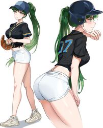  absurdres alternate_costume ass baseball baseball_cap baseball_helmet baseball_mitt baseball_uniform black_shirt blush breasts female fire_emblem fire_emblem:_the_blazing_blade green_eyes green_hair hat helmet highres large_breasts legs long_hair looking_at_viewer lyn_(fire_emblem) midriff multiple_views navel ormille ponytail shirt shorts sportswear sweat thighs very_long_hair white_background white_shorts 