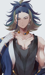  1boy adaman_(pokemon) bad_id bad_pixiv_id black_shirt blue_coat blue_hair brown_eyes closed_mouth coat collar collarbone commentary_request earrings eyebrow_cut frown green_hair hand_up hand_wraps highres jewelry male_focus multicolored_hair off_shoulder pokemon pokemon_legends:_arceus ponytail shirt solo upper_body white_background yue_(lov_n_n) 