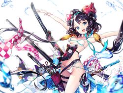  beads bikini blue_eyes bracelet breasts fate/grand_order fate_(series) female floral_print goggles goggles_on_head jewelry katana katsushika_hokusai_(fate) katsushika_hokusai_(swimsuit_saber)_(fate) leg_belt long_hair looking_at_viewer multiple_swords multiple_weapons octopus punc_p smile solo swimsuit sword thigh_strap weapon white_bikini 