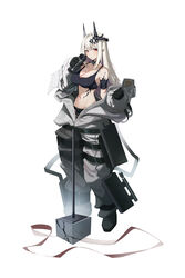  absurdres arknights armband black_footwear black_gloves boots bottle breasts chest_sarashi cleavage crop_top ear_piercing female full_body gloves hair_intakes hair_ornament hammer highres holding holding_bottle horns infection_monitor_(arknights) jumpsuit long_hair looking_at_viewer magictuna material_growth medium_breasts midriff mudrock_(arknights) mudrock_(elite_ii)_(arknights) navel open_mouth oripathy_lesion_(arknights) piercing pointy_ears red_eyes sarashi sledgehammer solo standing sweat tank_top water_bottle white_background white_hair 