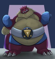  2022 anthro belly big_belly bottomwear boxing_gloves clothing dippubear handwear hi_res male overweight overweight_male red_body shorts solo unknown_species 