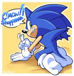  2021 4_fingers absurd_res alpha_channel anthro black_nose blue_body blue_fur border clothing english_text eulipotyphlan finger_wag fingers footwear fur gloves grin handwear hedgehog hi_res kneeling looking_back male mammal rear_view sega senshion simple_background smile socks solo sonic_the_hedgehog sonic_the_hedgehog_(series) tan_body text transparent_border white_clothing white_footwear white_gloves white_handwear white_socks yellow_background 