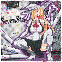  absurdres black_skirt blonde_hair border braid breasts cigarette english_text falling_petals female flower gloves hat highres holding holding_cigarette kirisame_marisa netgamesennyou7 open_mouth petals product_girl product_placement skirt smoking socks solo squatting star_(symbol) thighs touhou twin_braids white_border white_footwear white_gloves white_hat white_socks witch_hat 