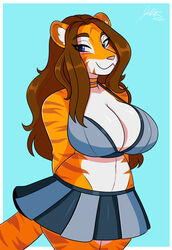  anthro big_breasts bottomwear breasts cleavage clothed clothing felid female hair hi_res jwinkz mammal pantherine skirt smile solo tail_under_skirt tiger 