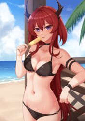  absurdres arknights arm_strap armpits bare_shoulders beach bikini black_bikini black_choker breasts choker cleavage collarbone cowboy_shot day female food halterneck hand_up highres holding horns kurisu-kun long_hair looking_at_viewer medium_breasts navel o-ring o-ring_bikini o-ring_bottom o-ring_top outdoors parted_lips popsicle purple_eyes red_hair solo standing stomach string_bikini surtr_(arknights) swimsuit very_long_hair wet wristband 