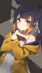  absurdres alternate_costume ao-chan_(ninomae_ina&#039;nis) blue_eyes blunt_bangs blush book coat collarbone commentary ememo female flower gradient_hair grey_background hair_flower hair_ornament hair_ribbon highres hololive hololive_english hugging_object long_hair mole mole_under_eye multicolored_hair ninomae_ina&#039;nis off_shoulder official_alternate_hairstyle orange_hair pointy_ears ponytail purple_hair ribbon shirt sidelocks solo standing symbol-only_commentary tentacle_hair upper_body violet_(ninomae_ina&#039;nis) virtual_youtuber white_shirt yellow_coat 