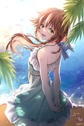  alternate_costume arms_behind_back beach blue_dress blue_ribbon brown_hair commentary cowboy_shot dappled_sunlight dated day dress eiyuu_densetsu eyelashes female floating_hair frilled_dress frills from_behind green_eyes hair_between_eyes hair_ribbon highres leaf long_hair looking_at_viewer looking_back ocean open_mouth outdoors own_hands_clasped own_hands_together ribbon seashell sen_no_kiseki shell signature sleeveless sleeveless_dress smile solo starfish sunlight towa_herschel willfin wind 