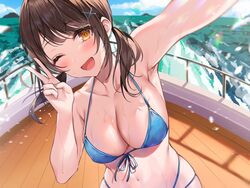  ;d arm_up armpits bikini blue_bikini blue_ribbon blush boat breasts brown_hair cleavage commentary_request day female front-tie_bikini_top front-tie_top hair_ornament highres hizuki_higure large_breasts light_rays long_hair navel ocean one_eye_closed open_mouth orange_eyes original outdoors ribbon selfie ship_deck smile solo stomach sunbeam sunlight swept_bangs swimsuit twintails upper_body v water watercraft x_hair_ornament 