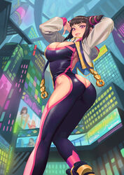  absurdres arm_behind_back arms_up ass ass_cutout black_hair blunt_bangs breasts building butt_crack city cleavage clothing_cutout commentary commission english_commentary english_text eyeshadow female heart highres hip_vent hongcasso hood hood_down jacket juri_han large_breasts makeup medium_hair neon_lights neon_trim no_panties open_clothes open_jacket parted_lips pink_lips purple_eyes purple_eyeshadow short_hair smile solo street_fighter teeth thighs twisted_torso zipper 