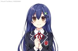  april_fools blue_hair breasts brown_eyes closed_mouth date_a_live female genderswap_(mtf) hair_ornament itsuka_shiori long_hair long_sleeves looking_at_viewer medium_breasts own_hands_together raizen_high_school_uniform rule_63 school_uniform simple_background smile solo tsunako white_background 