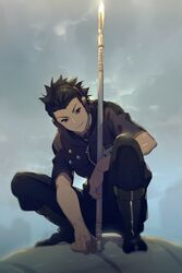  1boy black_eyes black_hair boots cloud cloudy_sky echo_(circa) hair_slicked_back headphones holding holding_polearm holding_weapon looking_at_viewer male_focus miwa_squad&#039;s_uniform pants pants_tucked_in polearm short_hair short_sleeves sky smile solo spear squatting torion_hei uniform weapon world_trigger yoneya_yousuke 