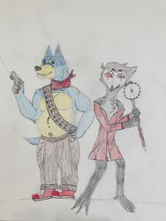  absurd_res anthro apocalypse australian_cattle_dog avian bandit_heeler bluey_(series) canid canine canis cattledog crayon_(artwork) domestic_dog gun helluva_boss herding_dog hi_res improvised_weapon male mammal pastoral_dog ranged_weapon somekindafox_(artist) stolas_(helluva_boss) traditional_media_(artwork) weapon 