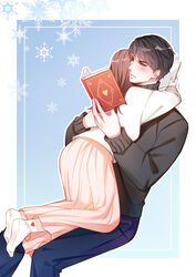  1boy black_hair black_sweater blue_background blue_pants blush book brown_hair female gradient_background highres holding holding_book hug li_zeyan long_sleeves love_and_producer open_book pants pink_skirt protagonist_(love_and_producer) rong_nage_rong shirt sitting skirt snowflakes straight sweater white_legwear white_shirt white_sweater 