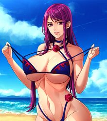  alternate_costume ass bare_shoulders beach bikini bikini_pull blue_bikini blue_sky breasts choker cleavage clothes_pull cloud collar commission cowboy_shot cut_bangs day female fire_emblem fire_emblem_engage flower highleg highleg_bikini highres horizon huge_breasts ivy_(fire_emblem) kerana_art long_hair looking_at_viewer mole mole_under_mouth navel ocean open_mouth outdoors purple_eyes purple_hair rose sand sky smile solo spiked spiked_collar spikes swimsuit thorn_print undressing water wide_hips 