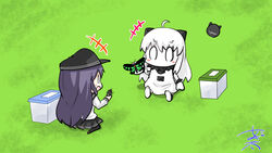  2girls abyssal_ship ahoge akatsuki_(kancolle) animal_crossing artist_name bug butterfly chibi colored_skin commentary_request firefly flat_cap hat holding kantai_collection lawn long_hair long_sleeves multiple_girls northern_ocean_princess nyonyonba_tarou open_mouth purple_hair school_uniform short_hair sitting skirt striped white_hair white_skin 