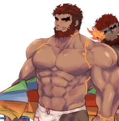  2boys abs bara beard dark-skinned_male dark_skin eyebrow_cut facial_hair fishnet_legwear fishnets flaming_eye hephaestus_(housamo) large_pectorals looking_at_viewer male_focus male_swimwear mature_male multiple_boys muscular muscular_male nipples official_alternate_costume pectorals peeking_out red_eyes short_hair stomach swim_briefs talos_(housamo) thick_eyebrows tokyo_afterschool_summoners topless_male tora_d umbrella undercut upper_body very_dark_skin white_male_swimwear 